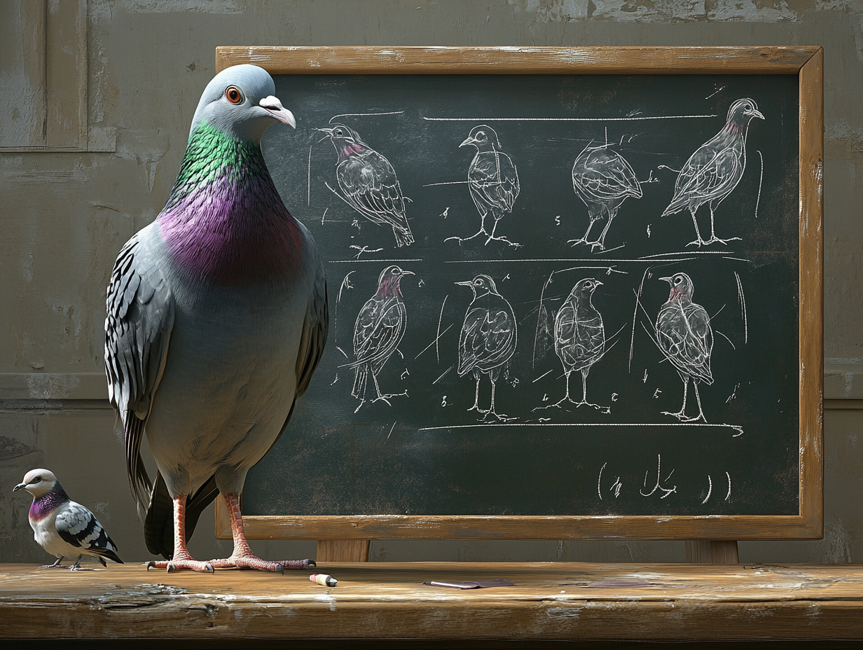 A pigeon teaches anatomy to classmates on blackboard.