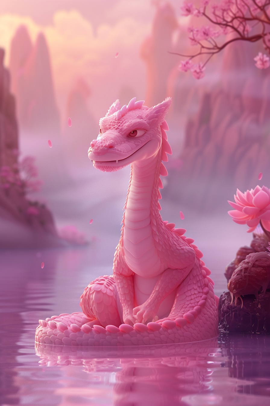 A pink dragon playing by the river.