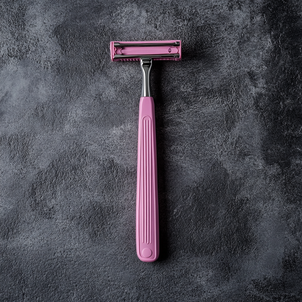 A pink razor on grey background with soft lighting.