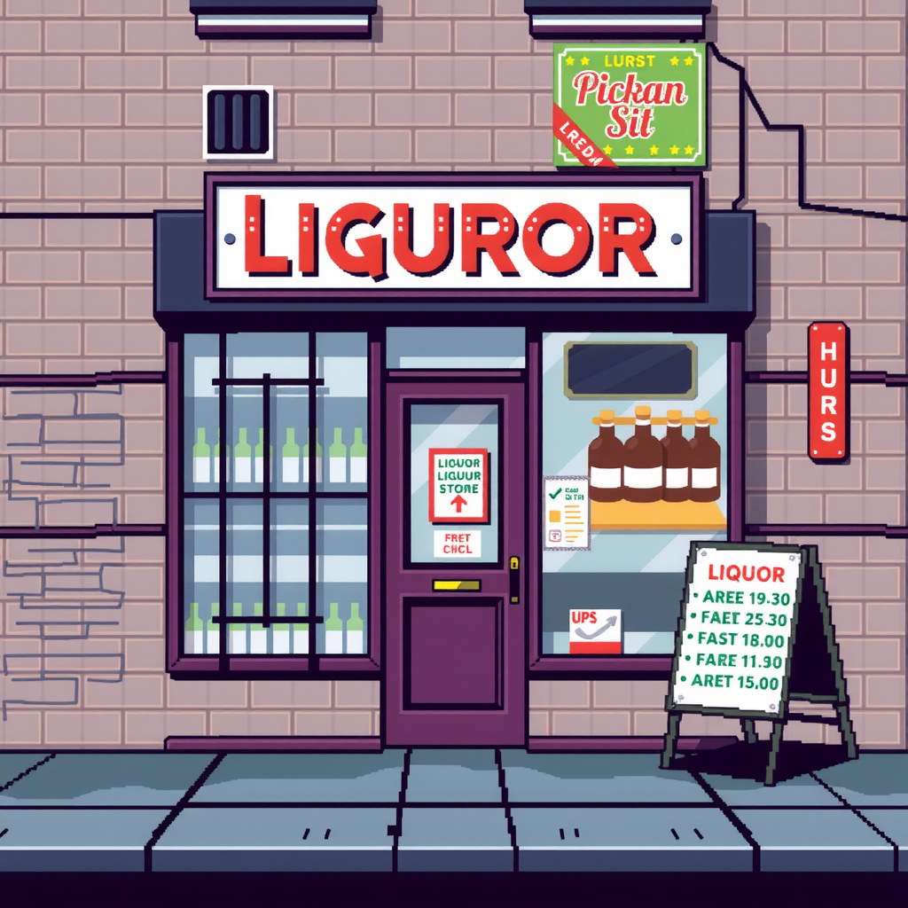 A pixel art liquor store with barred windows.