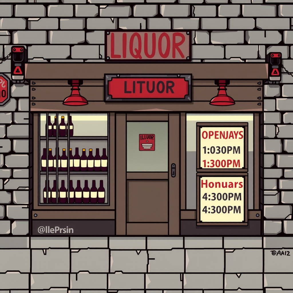 A pixel art liquor store with bars.