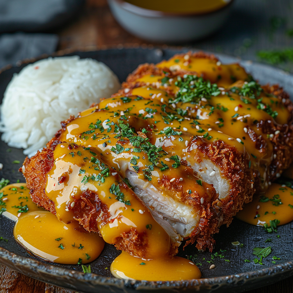 A plate of Japanese pork katsu with curry, cheese, and rice