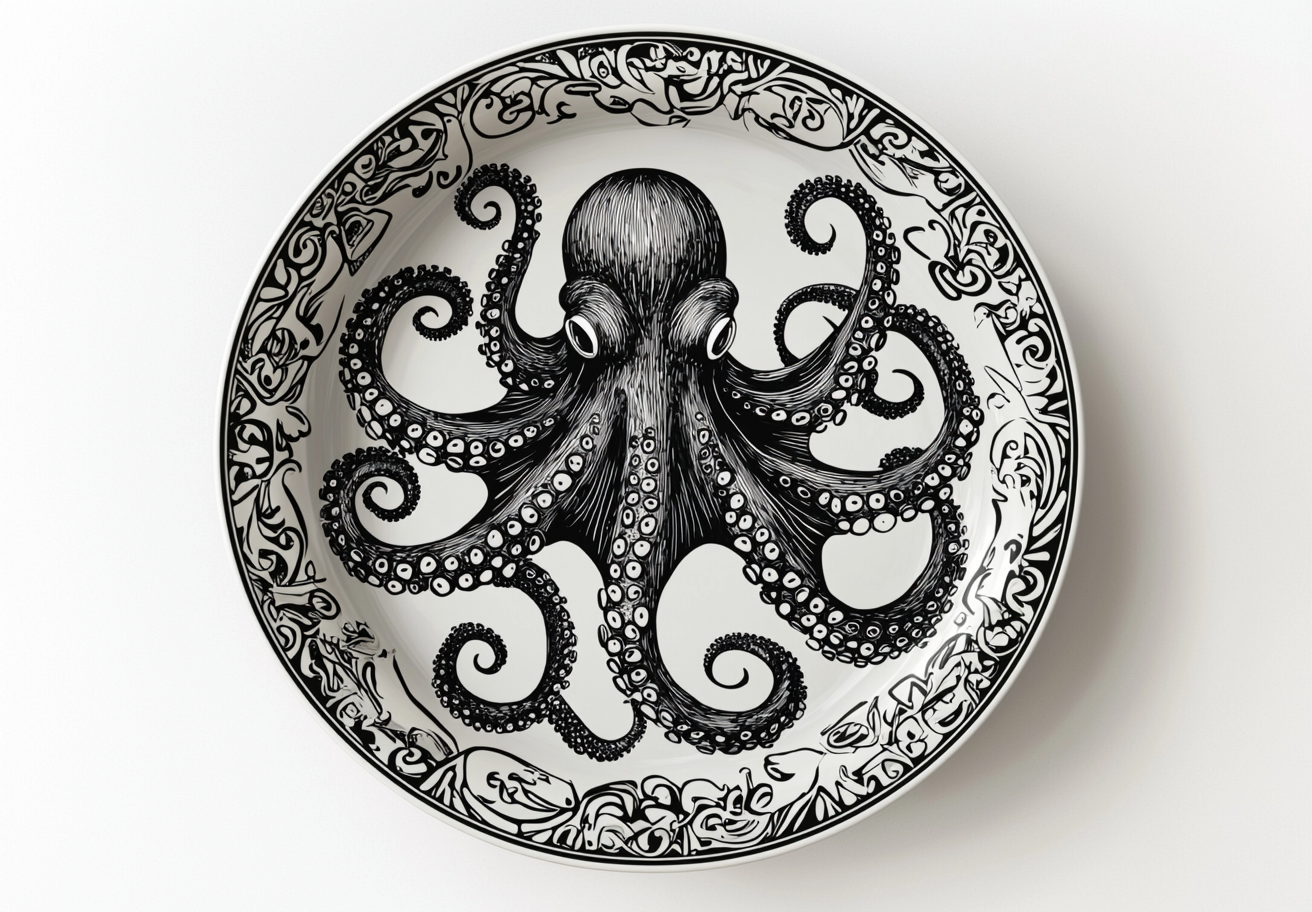 A plate with octopus and onions in mosaic style