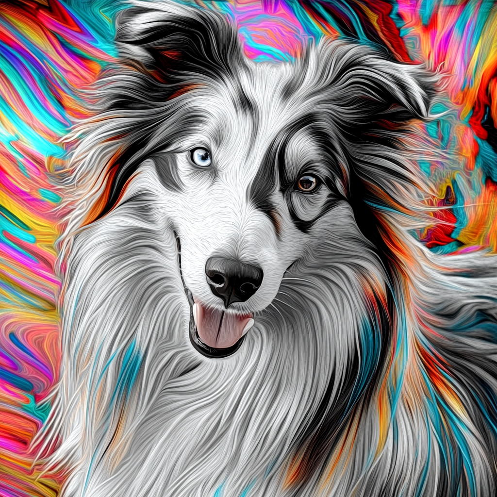 A playful blue merle Collie posing for camera