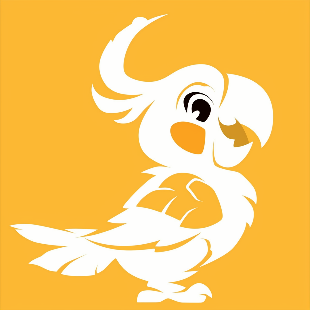 A playful cartoon parrot logo in white silhouette