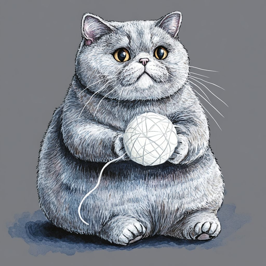 A playful fat gray British cat with a ball.