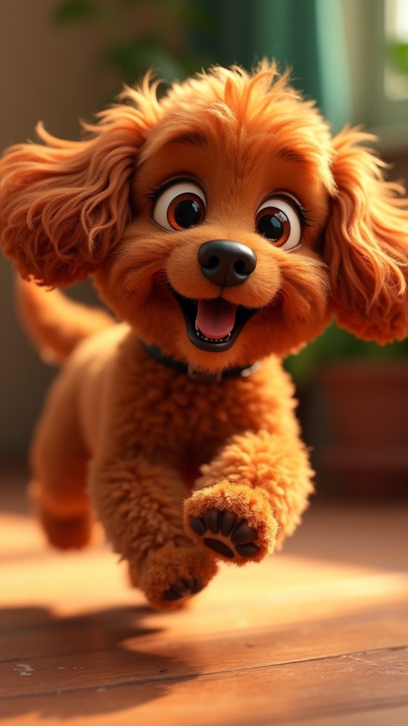 A playful red Cavapoo in vibrant Pixar animation.