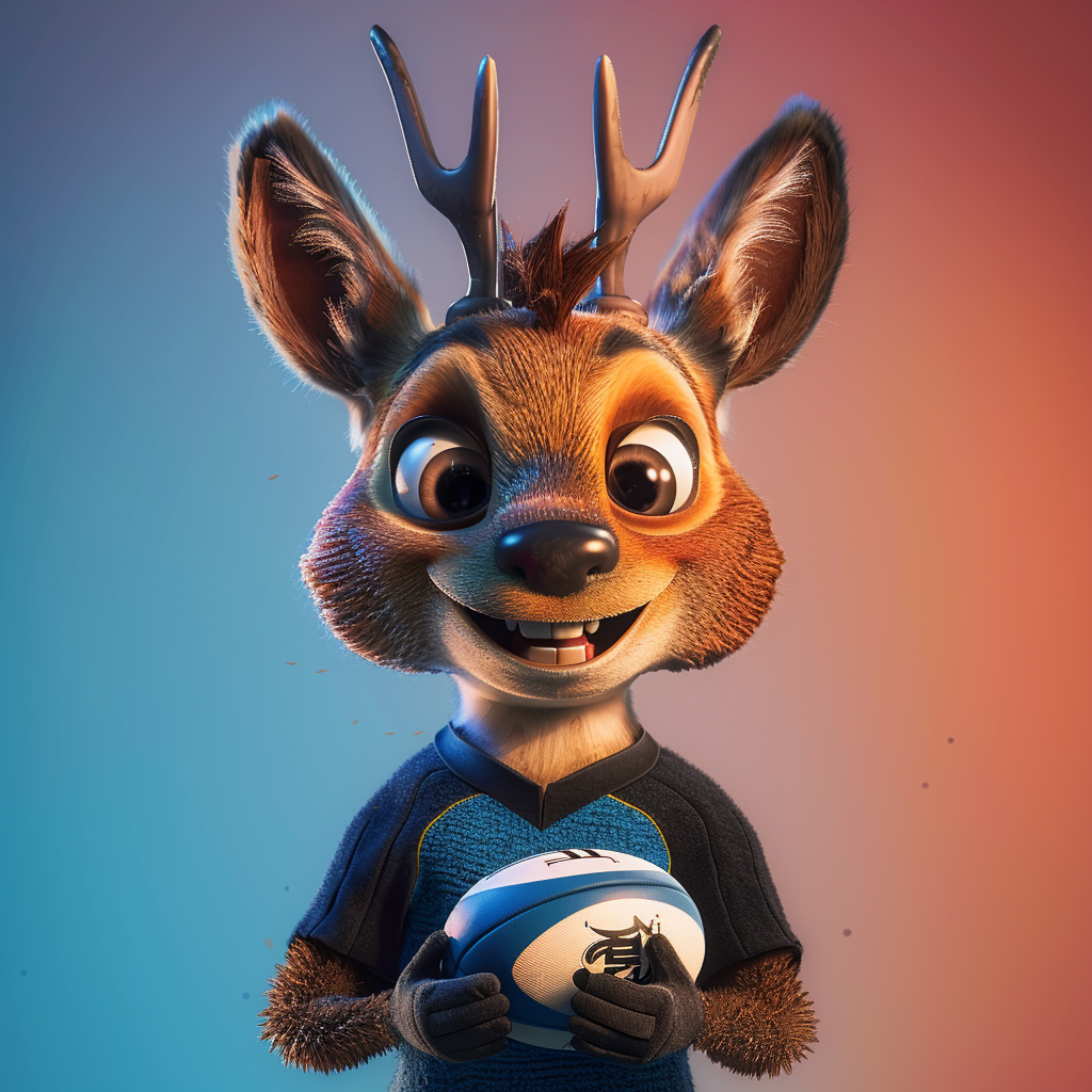 A playful stag mascot in rugby attire