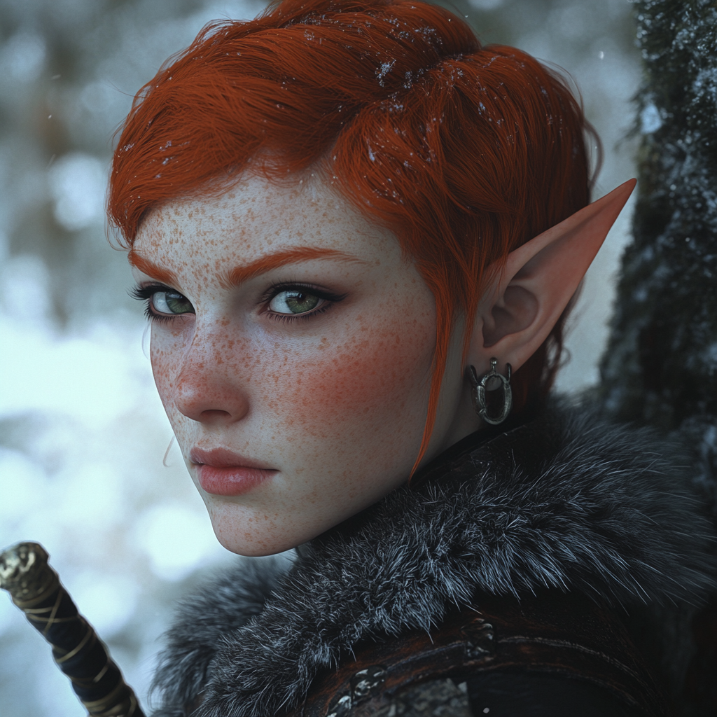 A portrait of a red-haired half-elf hunter.