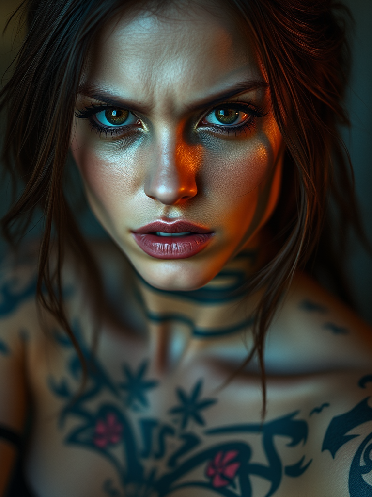 A portrait of an angry female cyborg.