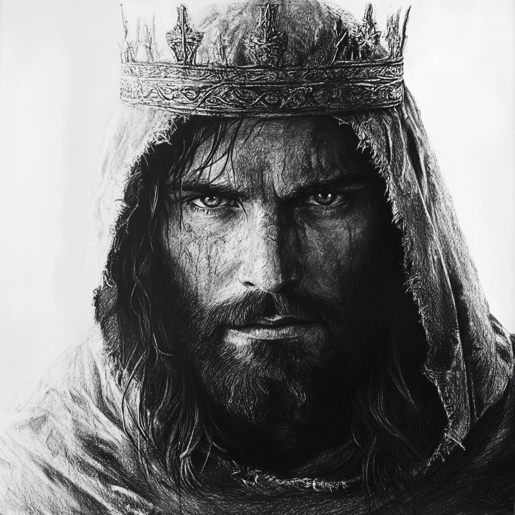 A portrait of warrior Jesus with a crown