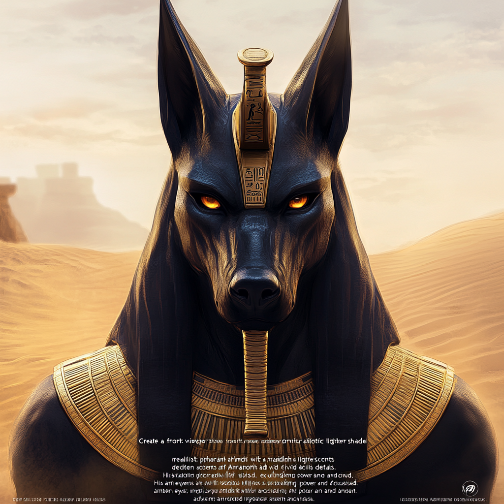 A powerful Anubis stands in ancient desert.