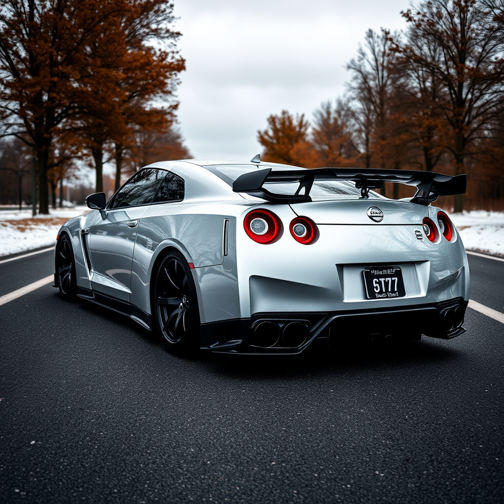 A powerful Nissan GTR car racing on track.