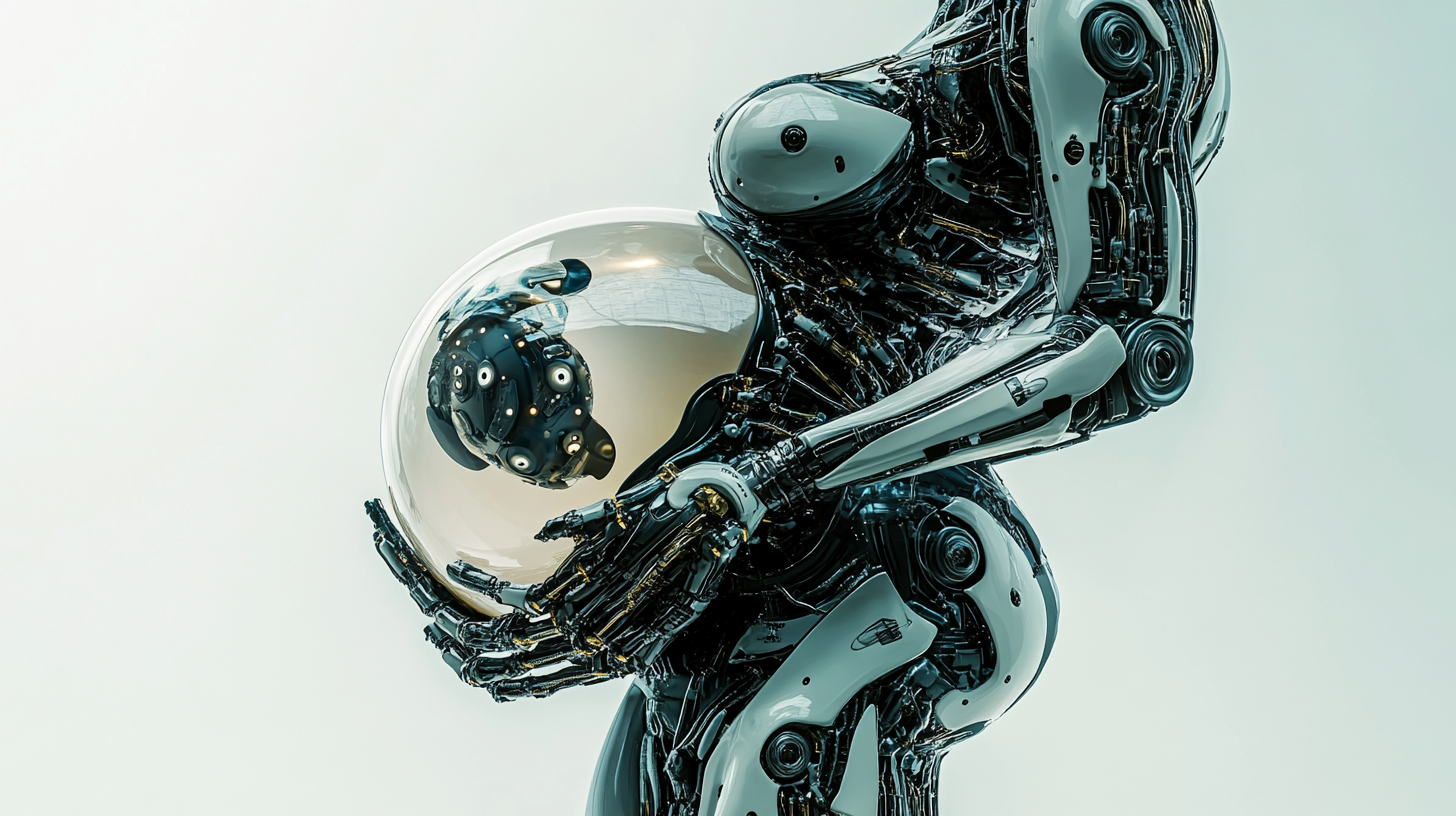 A pregnant android woman with mechanical legs portrait