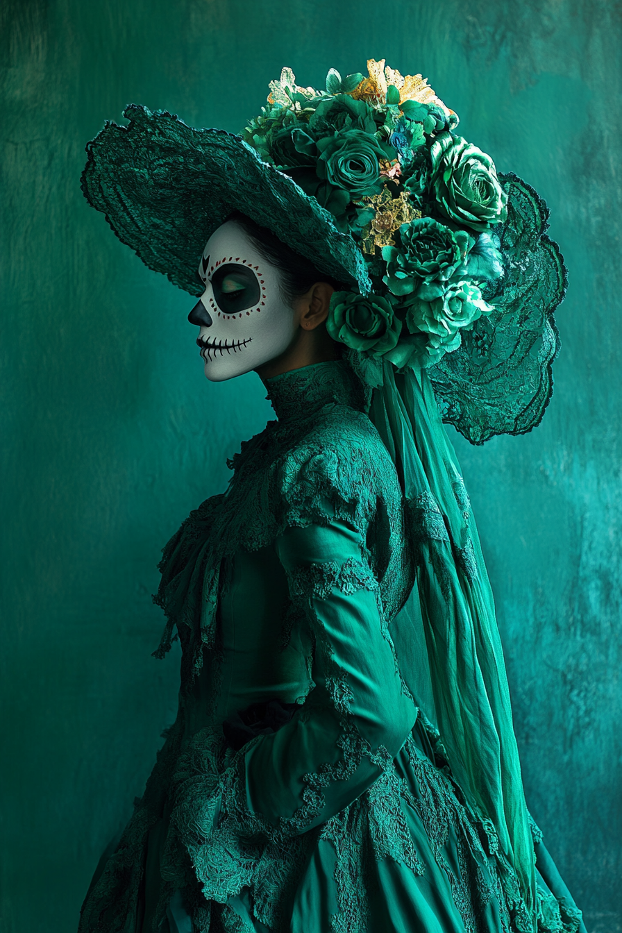 A pretty young girl in green Catrina costume