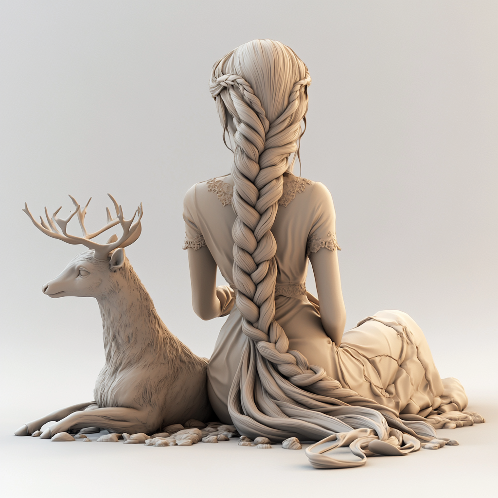 A princess braiding her hair, watching a deer