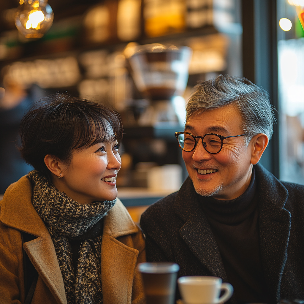 A professional Asian woman and senior partner in a coffee shop