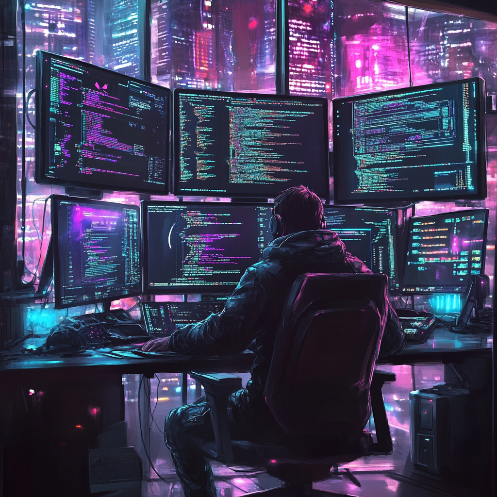 A professional programmer in futuristic office with screens