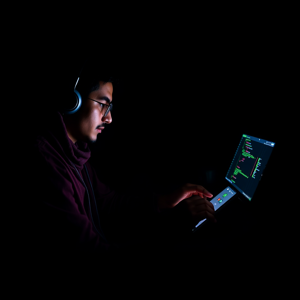 A programmer coding an app in a dark room