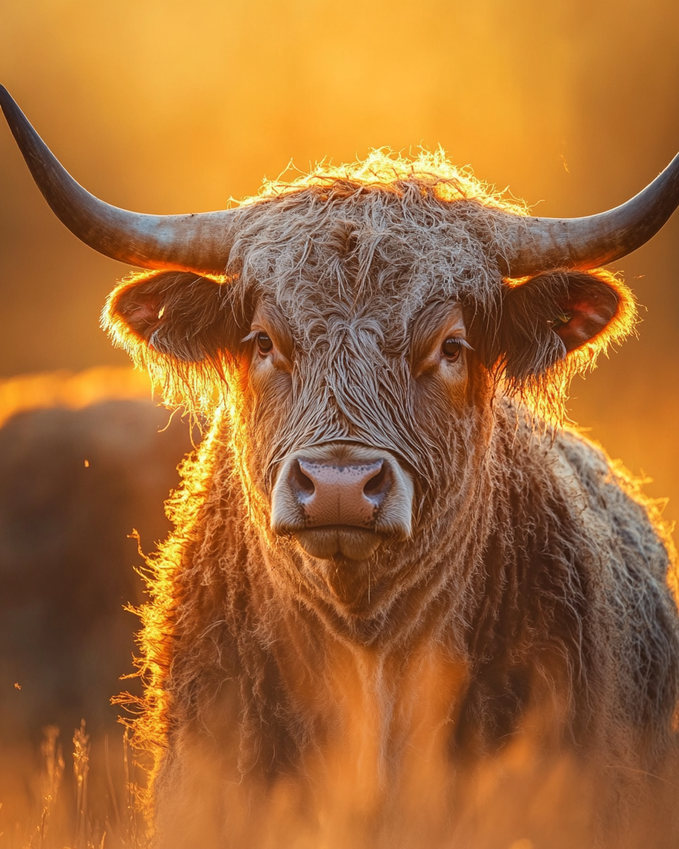 A proud bull captured in detailed golden light