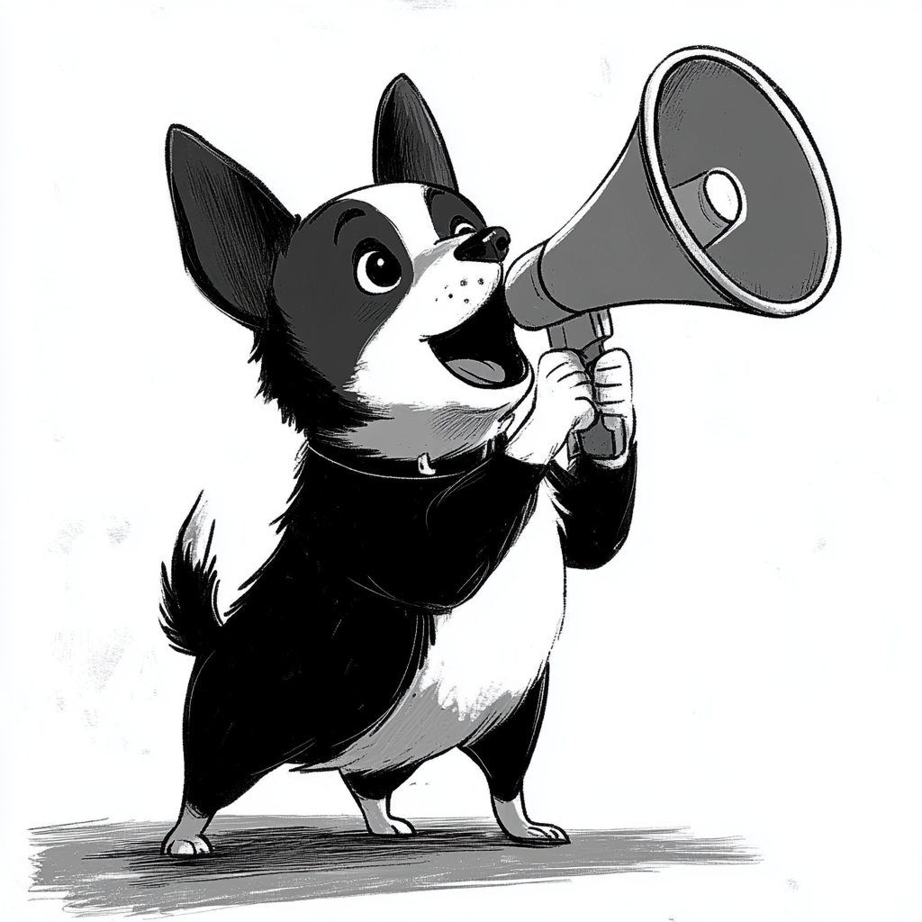 A proud cartoon dog motivates with megaphone.