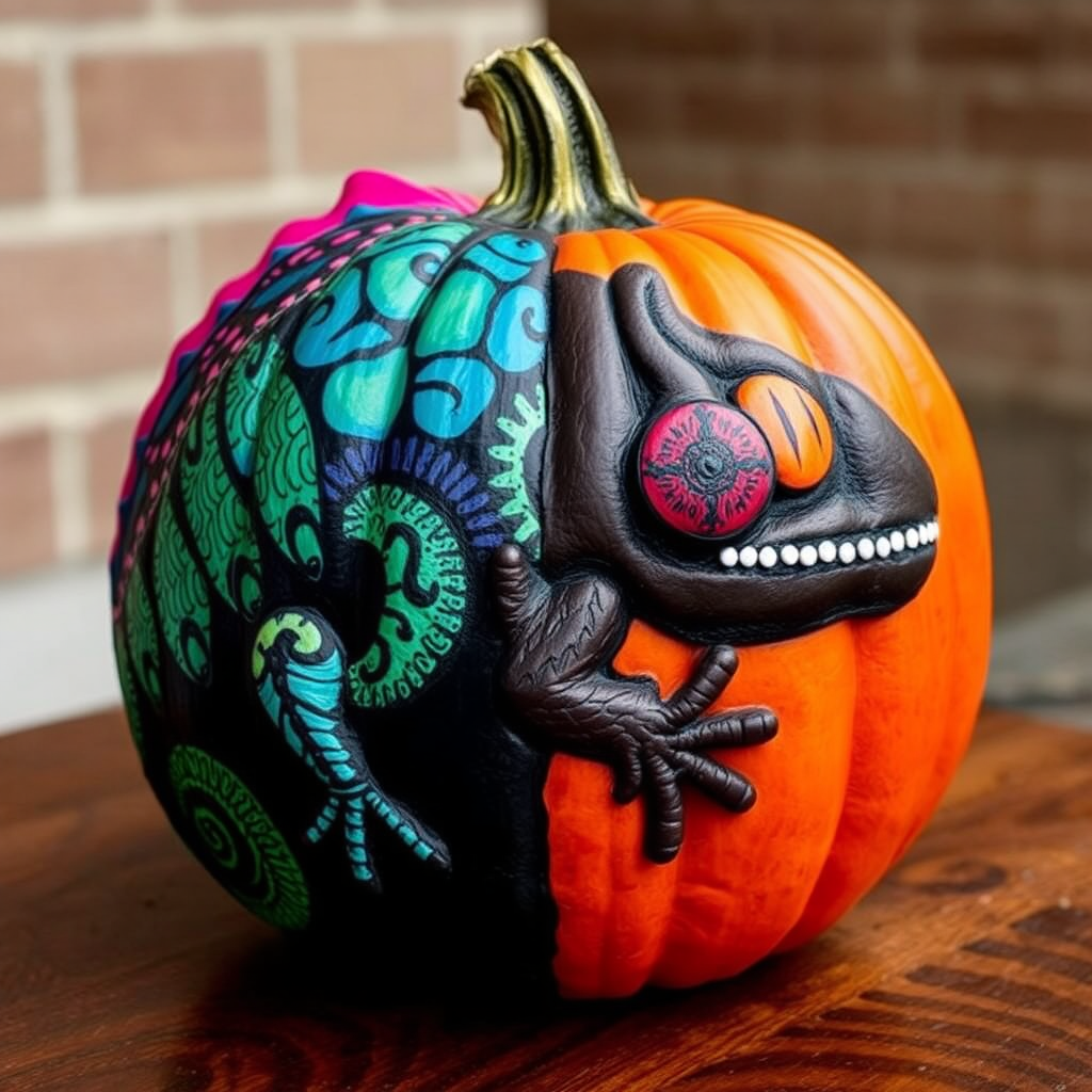 A pumpkin painted as a colorful chameleon.