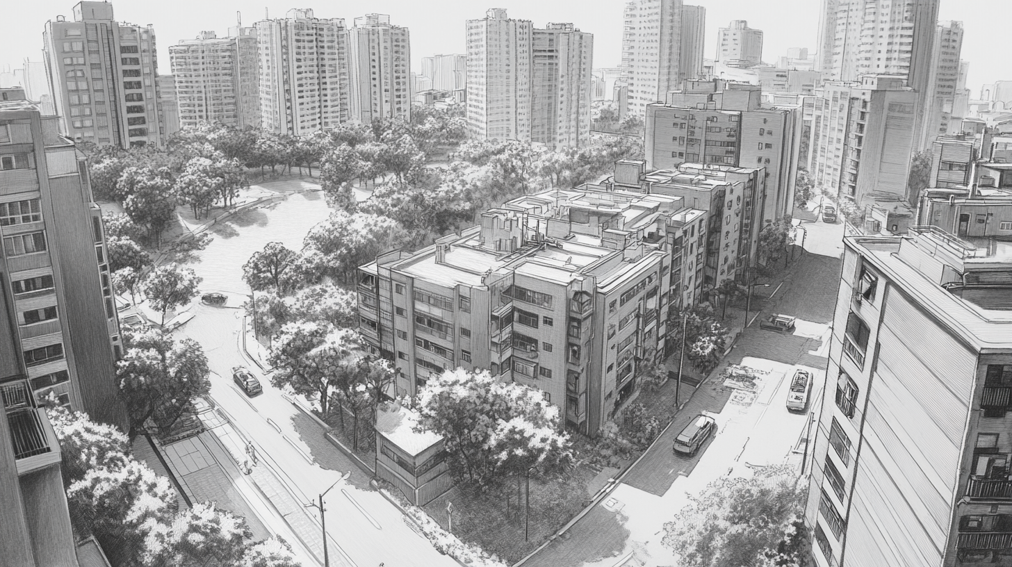 A quiet city neighborhood block with park