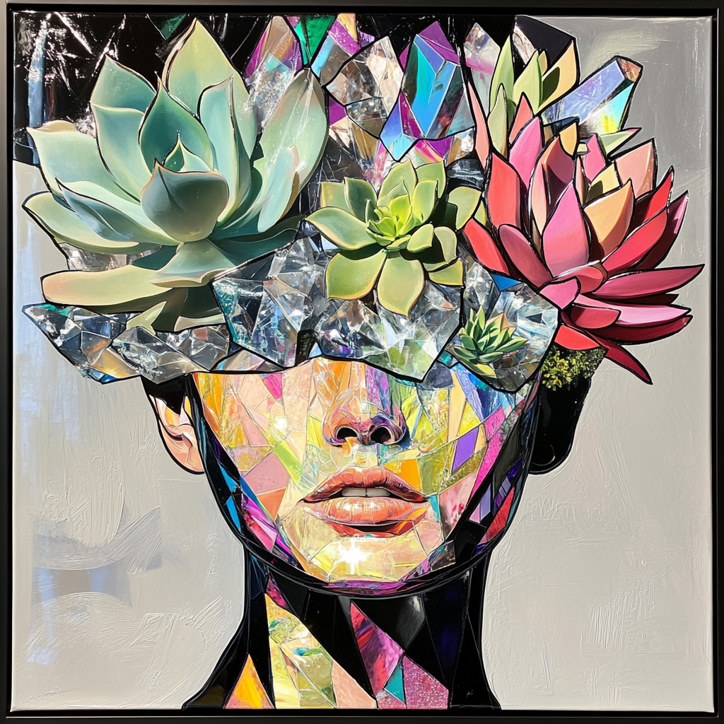 A radiant woman with succulent garden head reflection