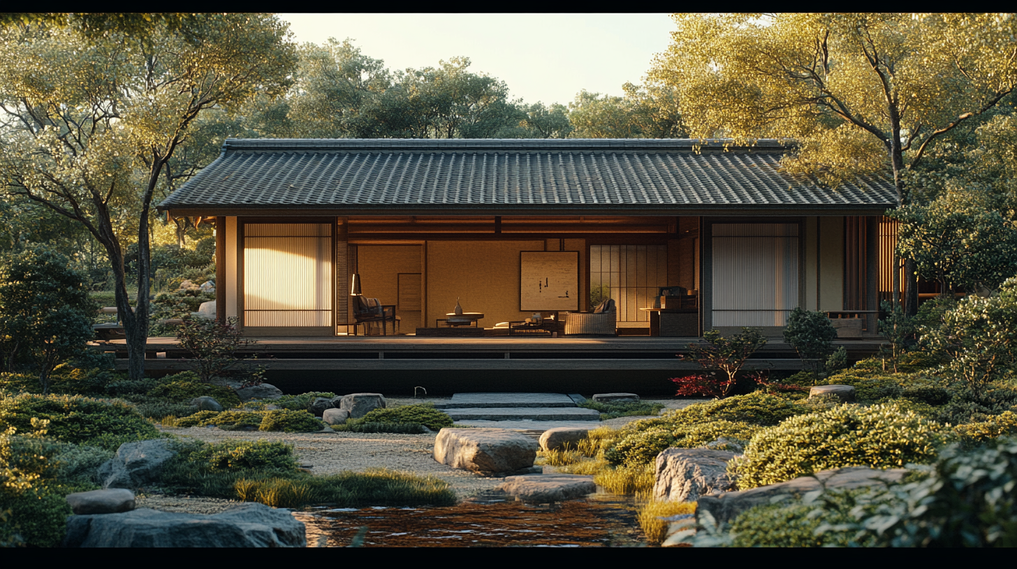 A realistic Japanese house with engawa, nature scene.