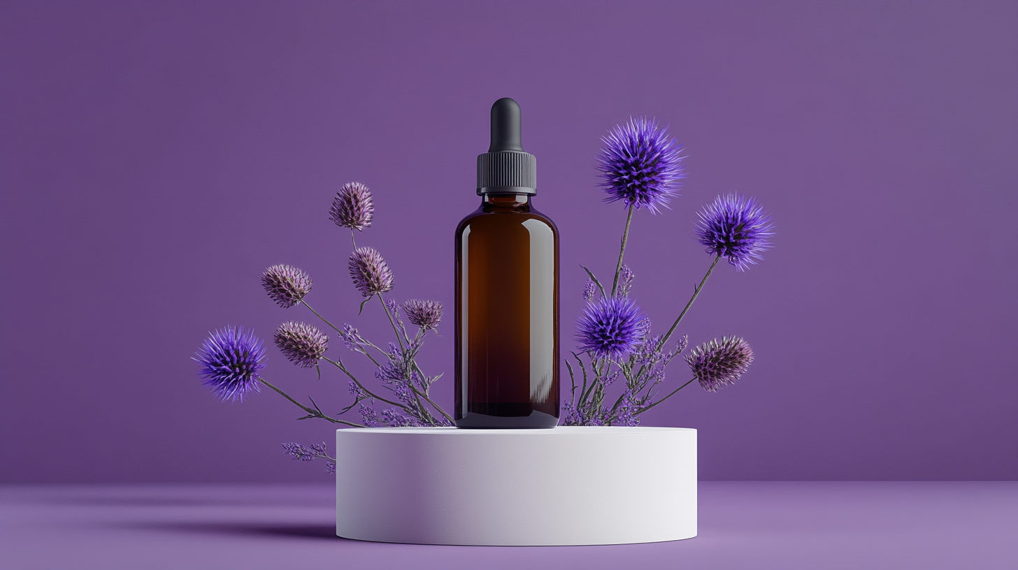 A realistic brown bottle with milk thistle flowers