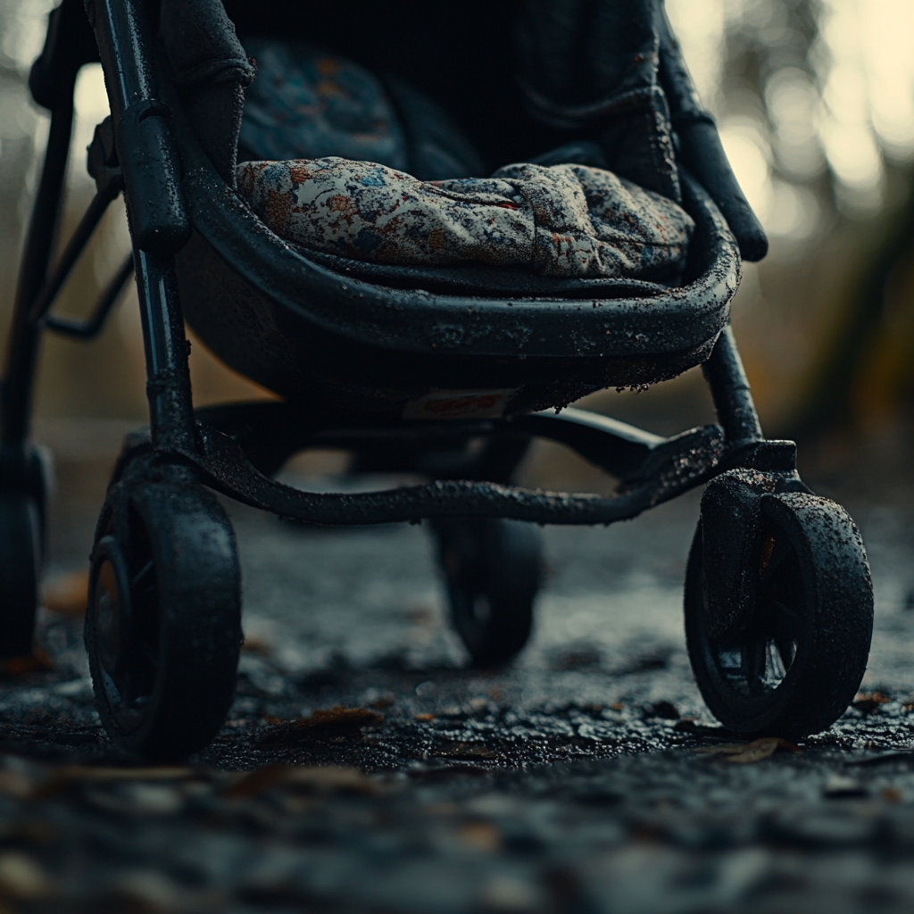 A realistic close-up shot of a baby stroller.