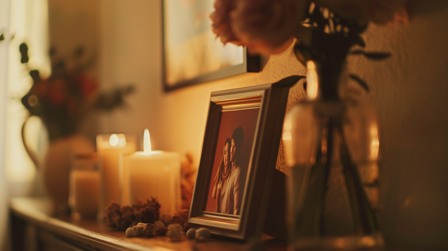 A realistic closeup of a photo frame on altar.