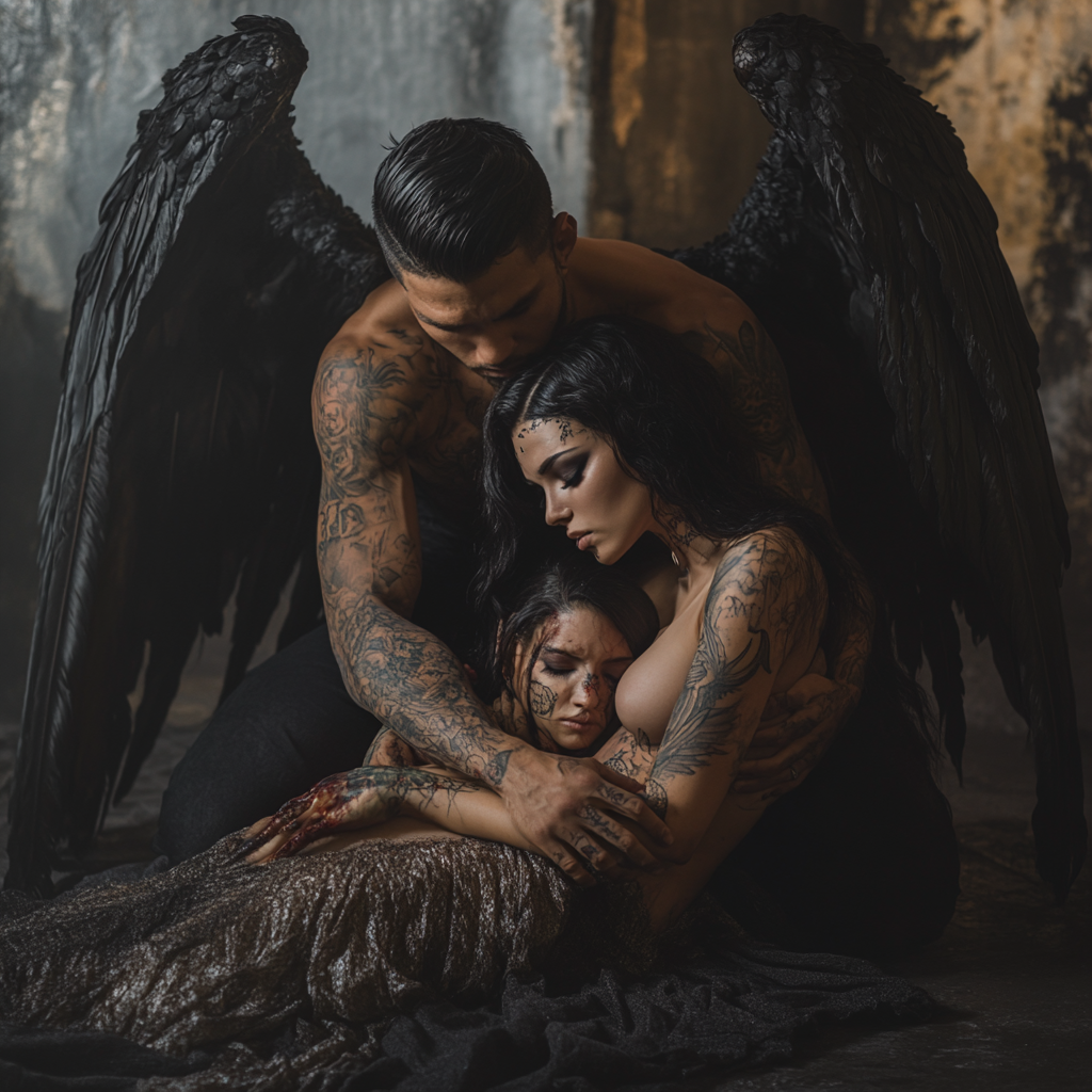 A realistic demon comforting a dying angel