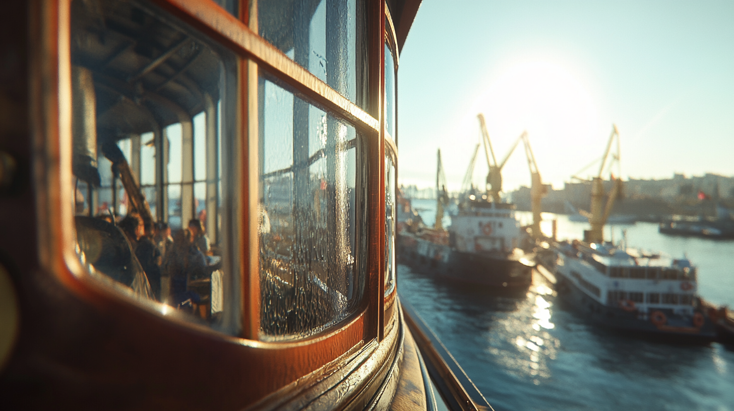 A realistic harbor scene through a ship window