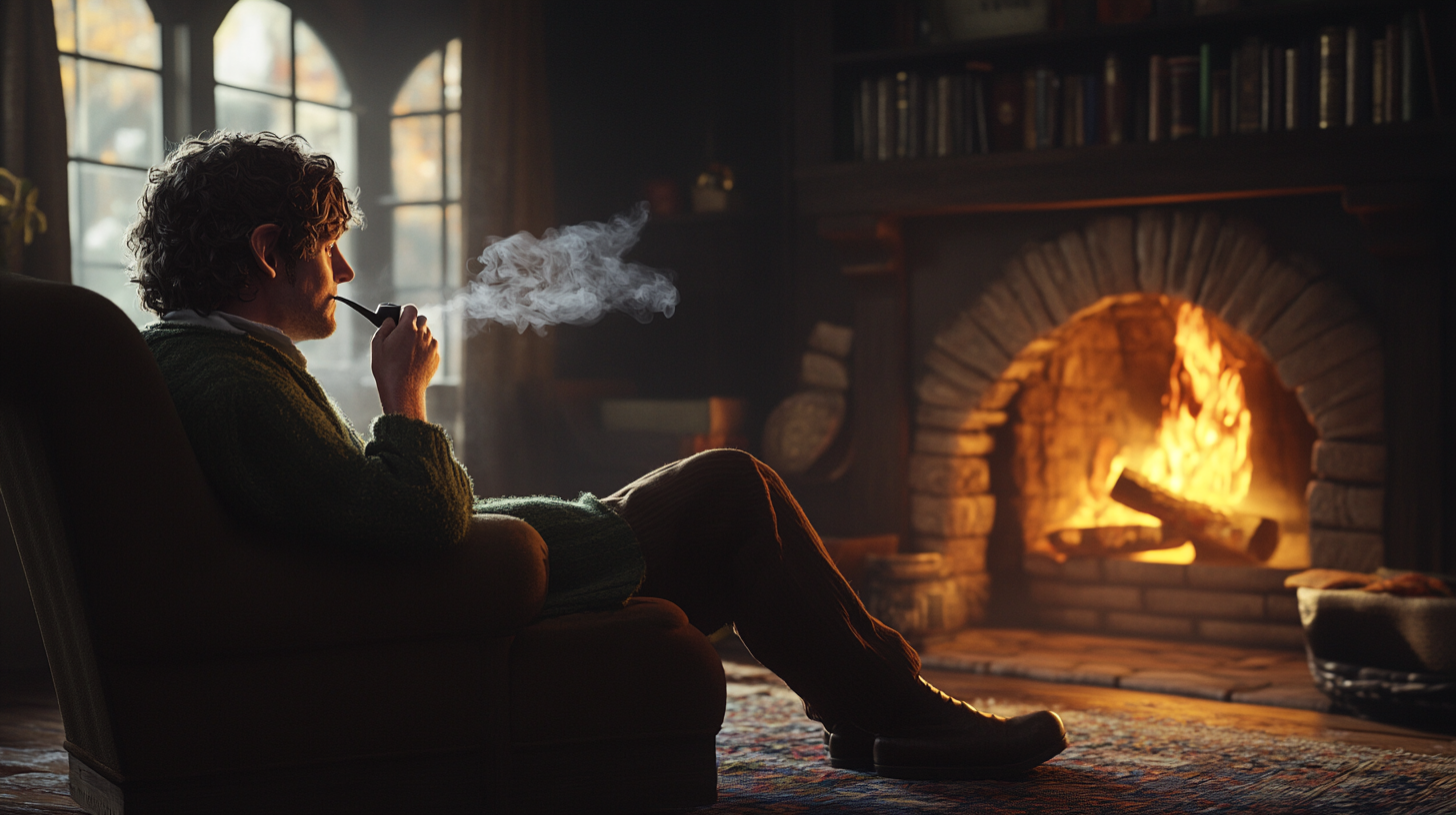 A realistic image of Bilbo Baggins by fireplace