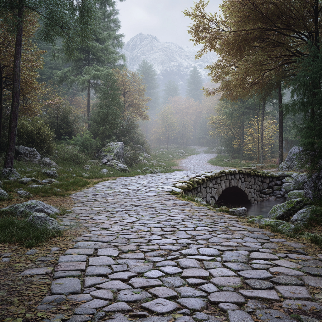 A realistic landscape with a cobblestone road crossing.