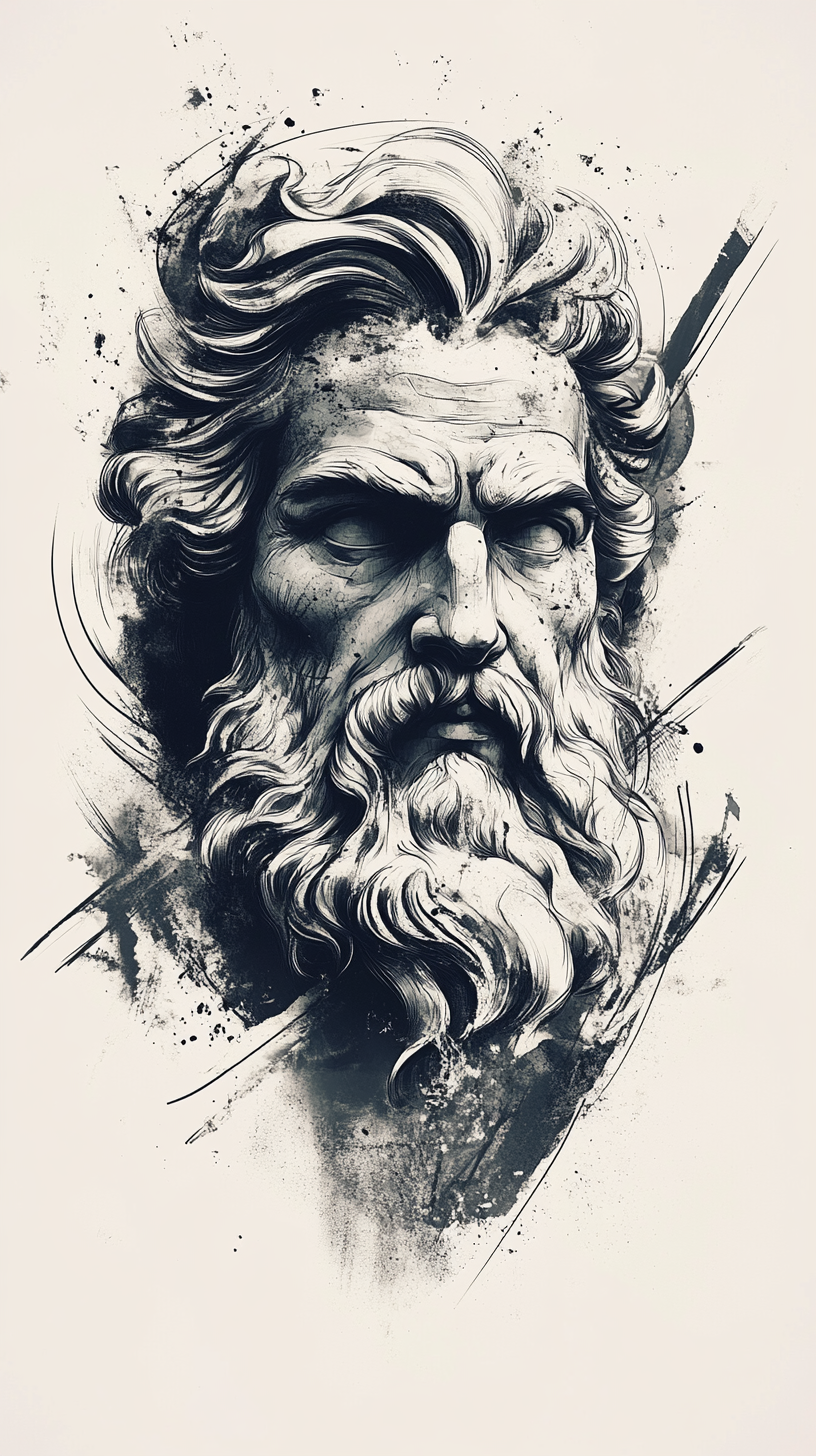 A realistic male tattoo sketch of Zeus head