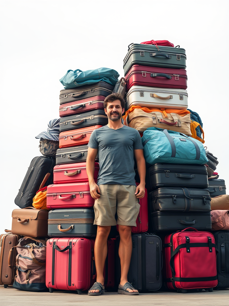 A realistic man is surrounded by many bags.