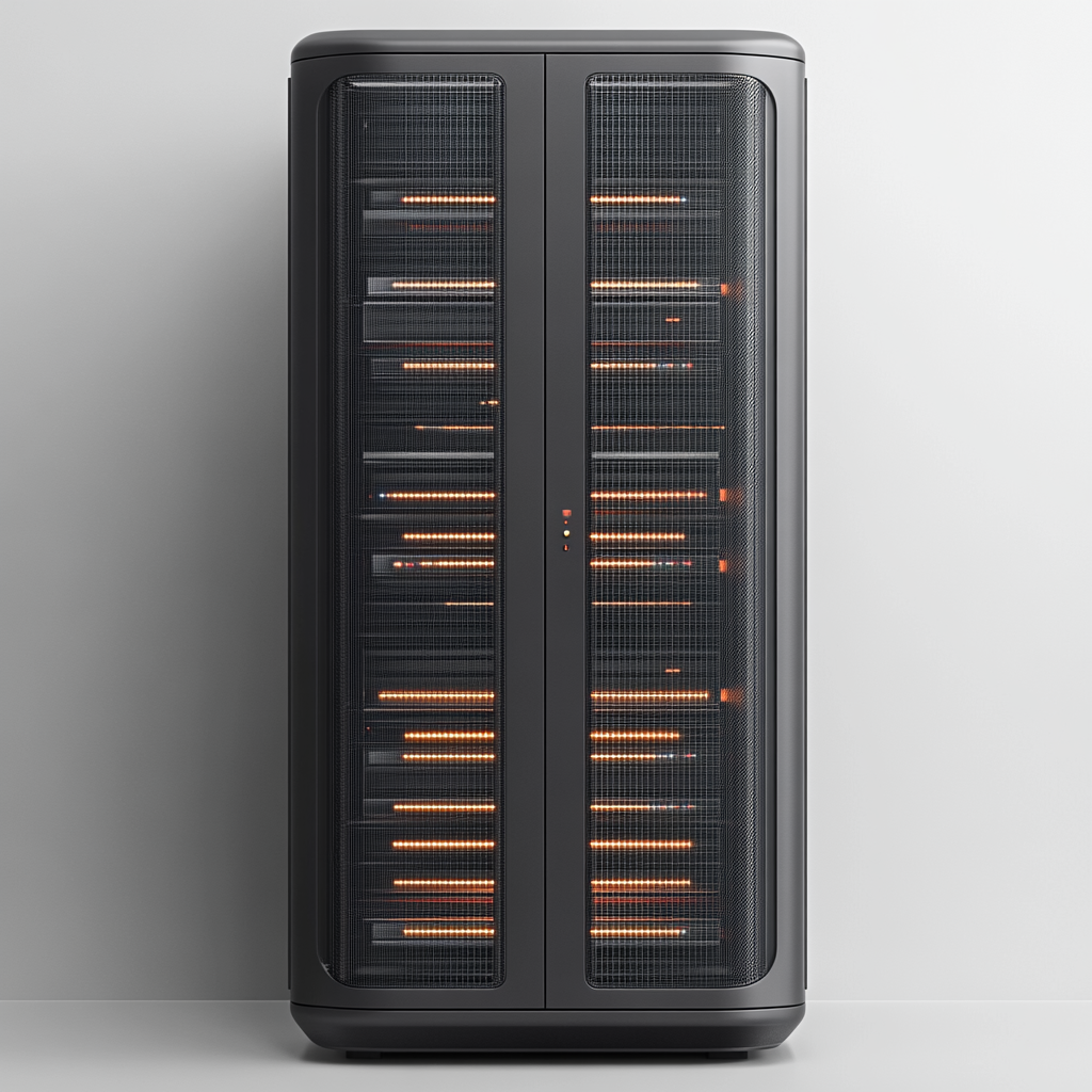 A realistic metal server rack on white background