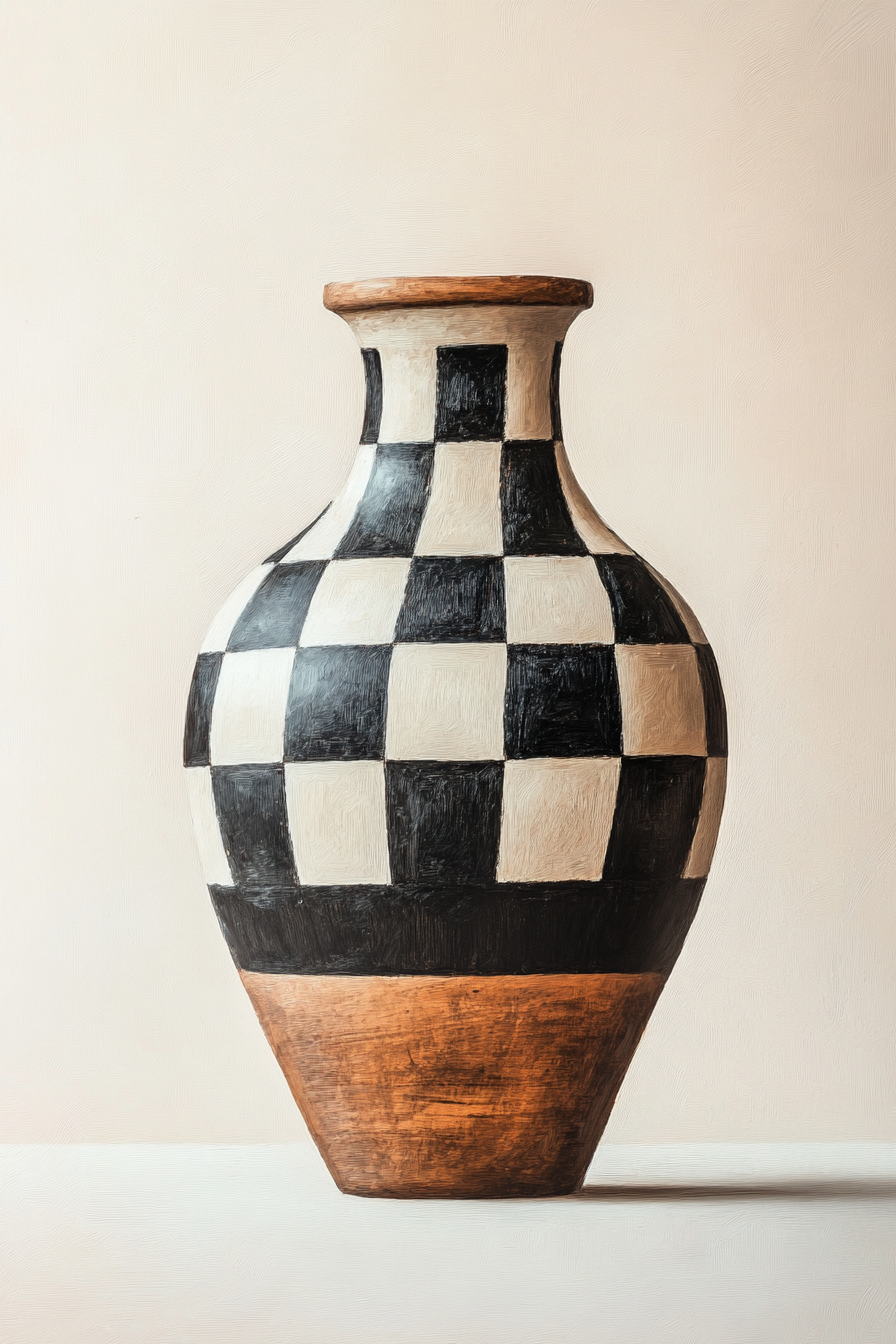 A realistic painting of a checkered vase on beige.