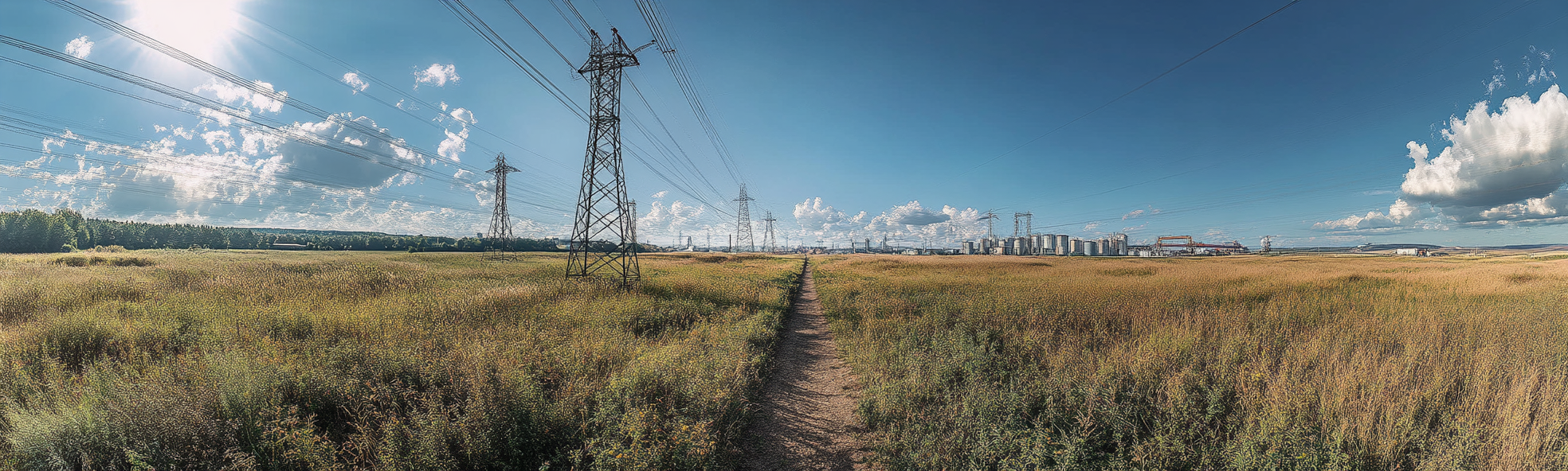 A realistic panoramic image of landscape with various energy sources.