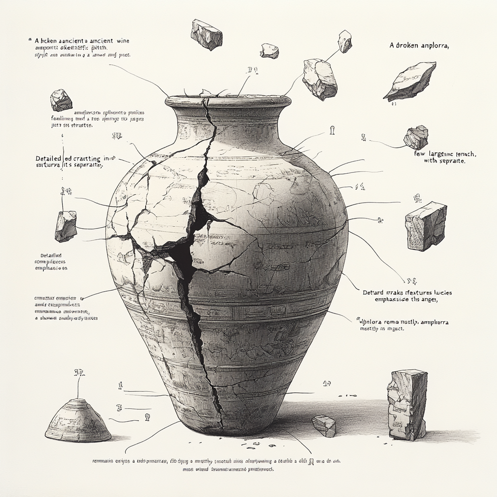 A realistic pencil sketch of a broken amphora