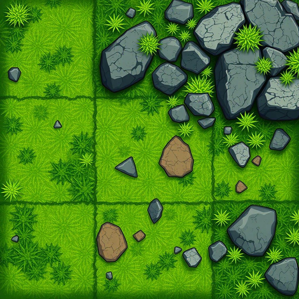 A realistic perspective of grass and rock tiles.