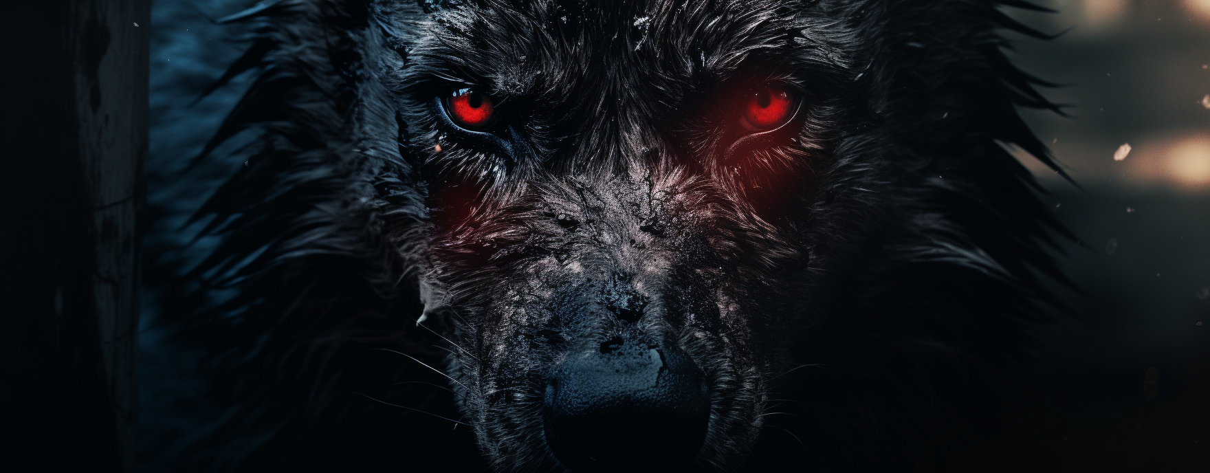 A realistic photograph of a split-faced black wolf