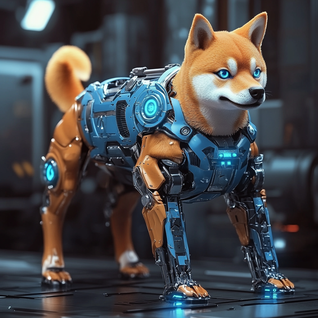 A realistic robotic shiba dog with human muscles.