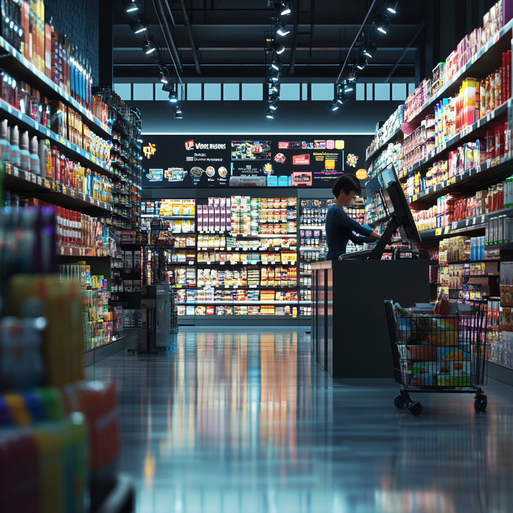 A realistic store interior at the checkout counter