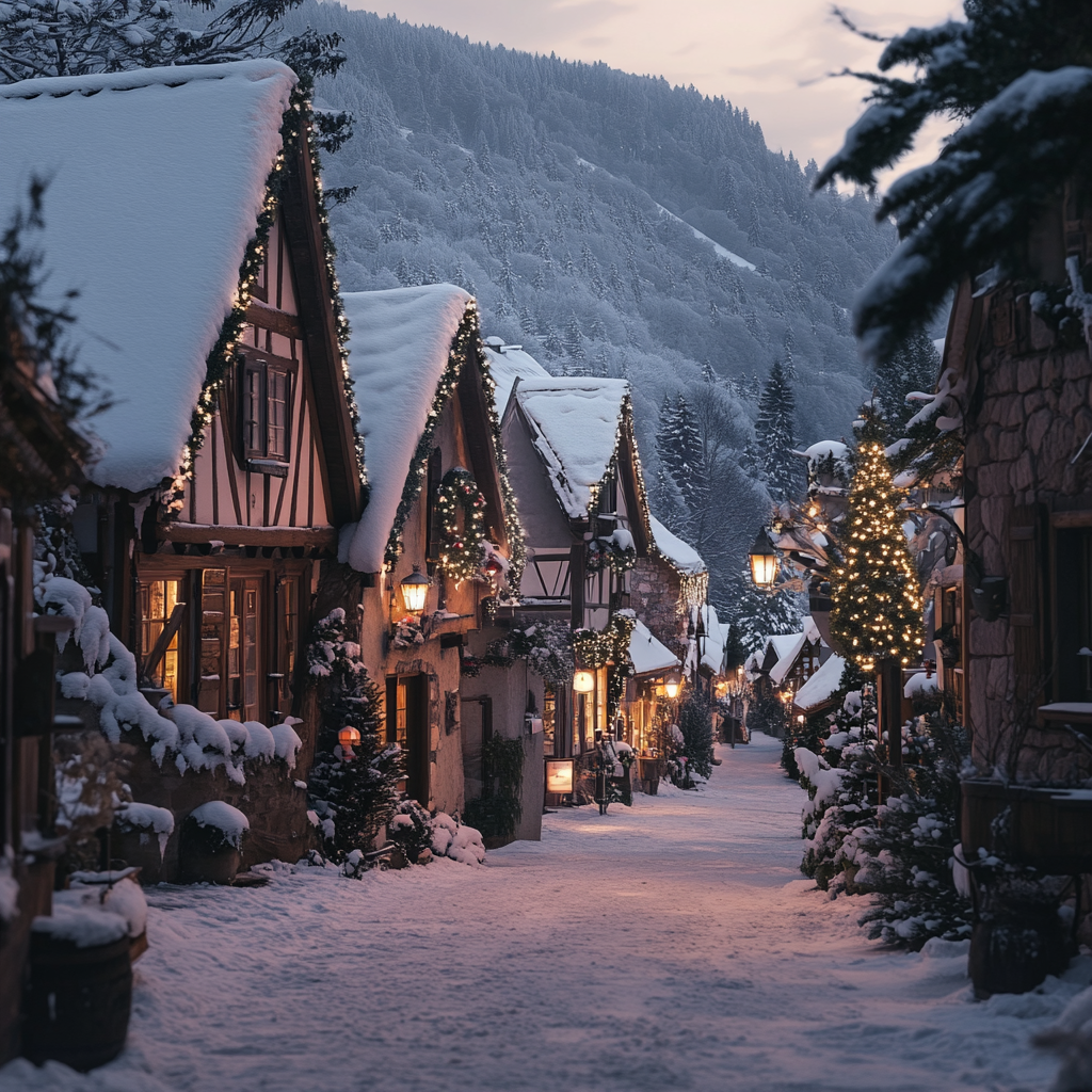 A realistic winter mountain village at dusk