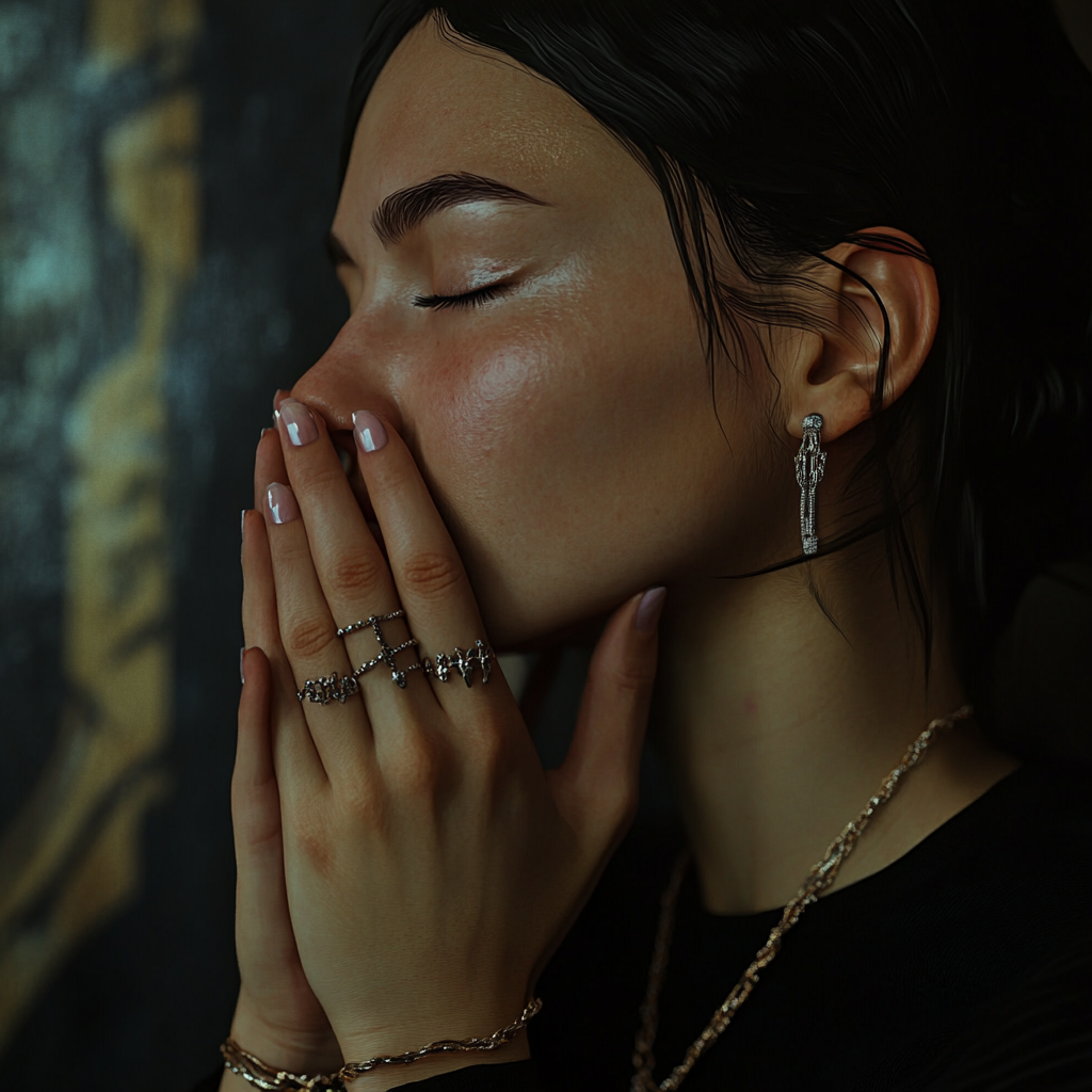 A realistic woman with hands covering mouth