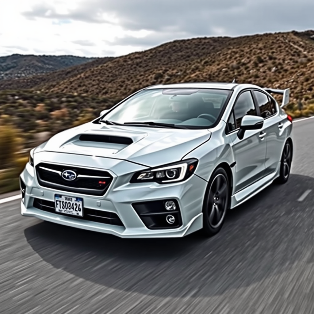 A red Subaru Impreza driving on a road.