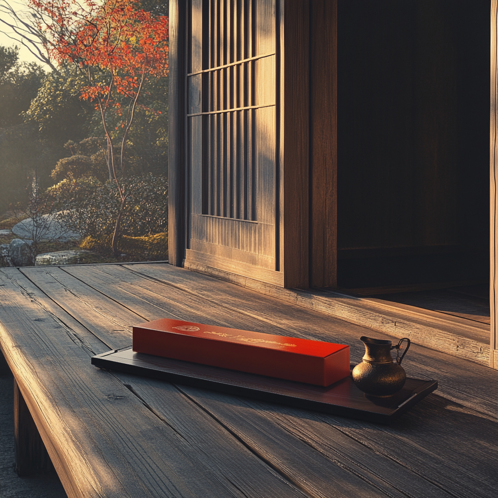 A red box with tea on a tray.